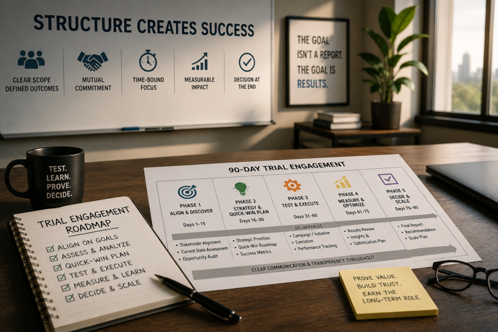 Fractional CMO trial engagement roadmap illustrating structure creates success and defined outcomes.