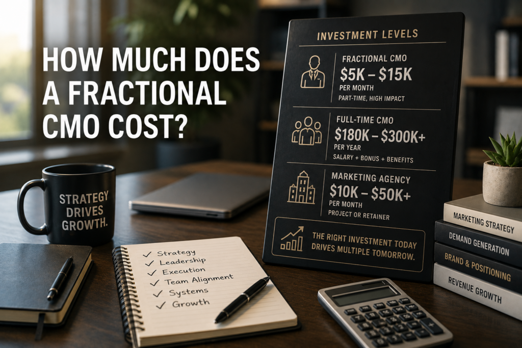 Fractional CMO investment levels chart comparing costs of fractional, full-time, and marketing agency options.