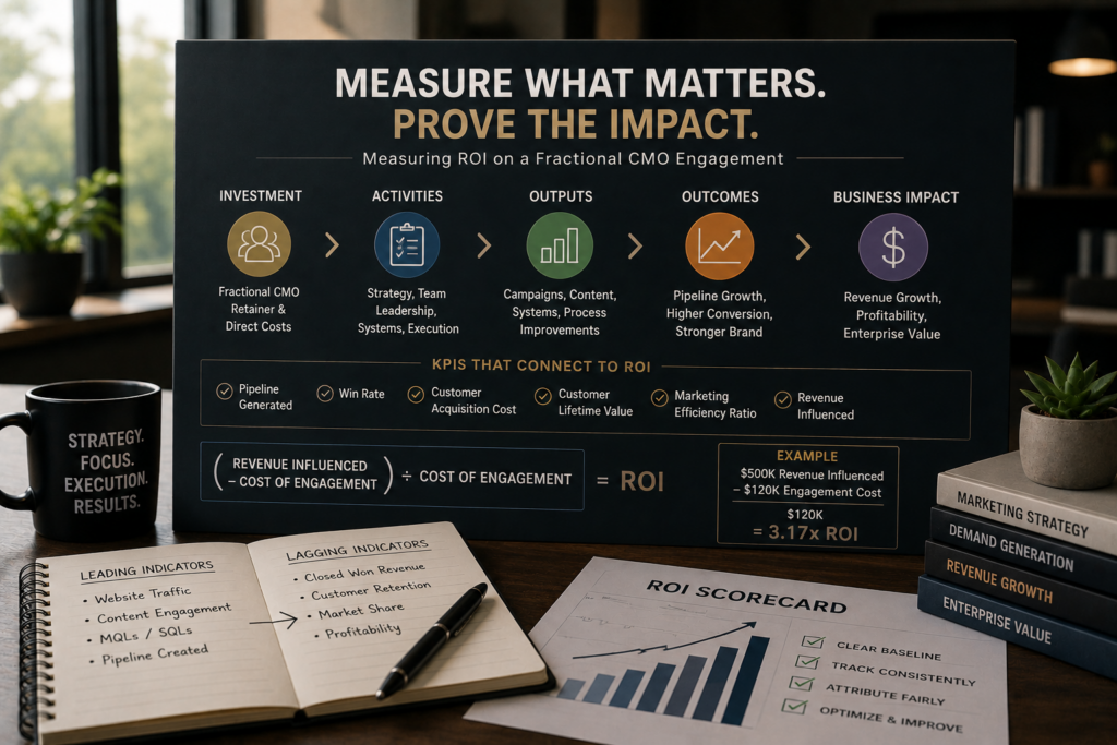 Fractional CMO ROI measurement framework and business impact illustration.