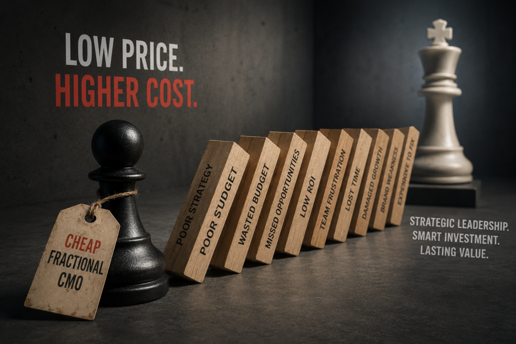 Domino effect illustrating hidden costs of cheap fractional CMO and strategic marketing leadership.