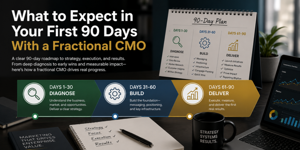 90-day fractional CMO onboarding plan outlining diagnostic, build, and deliver phases.