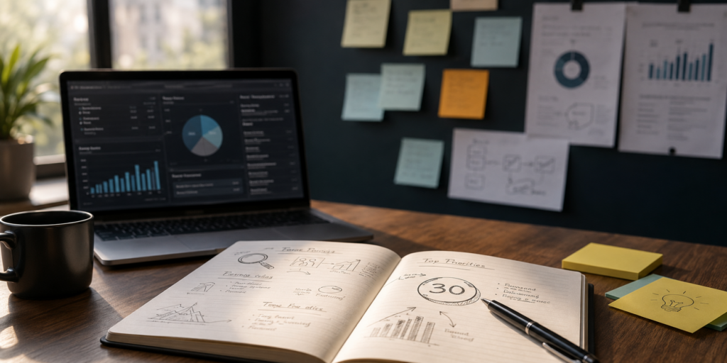 Laptop displaying marketing data and charts, open notebook with sketches, and sticky notes illustrating a