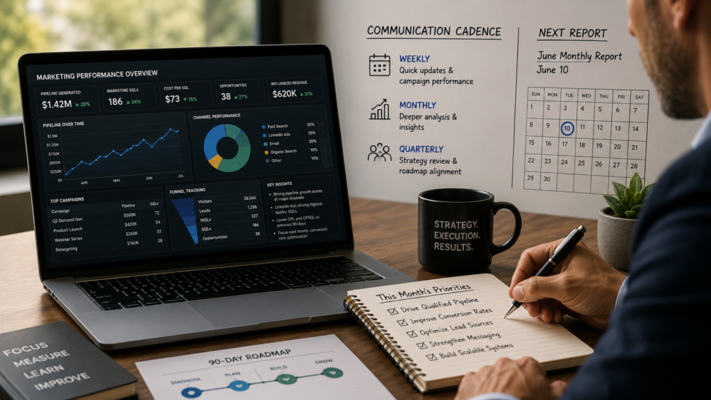 Laptop displaying marketing performance overview and communication cadence report, illustrating fractional CMO reporting.