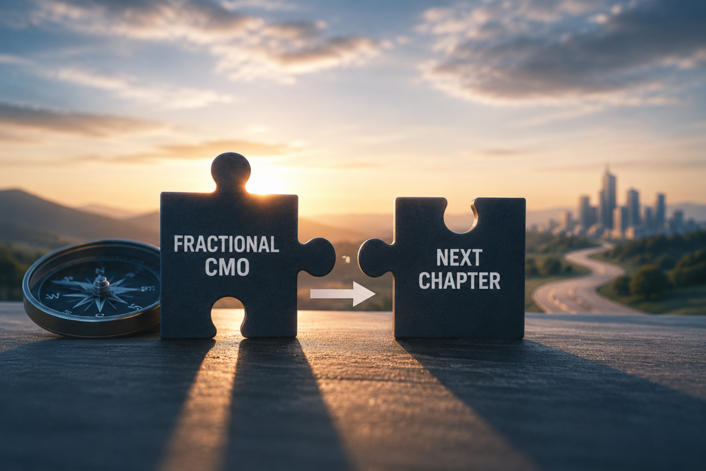 Puzzle pieces representing fractional CMO transition and next chapter, with a compass and cityscape in