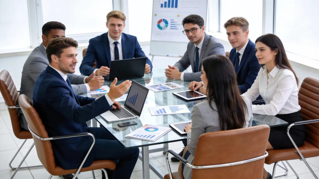 Business professionals discussing strategic marketing in a modern office setting, emphasizing collaboration and authority in tech