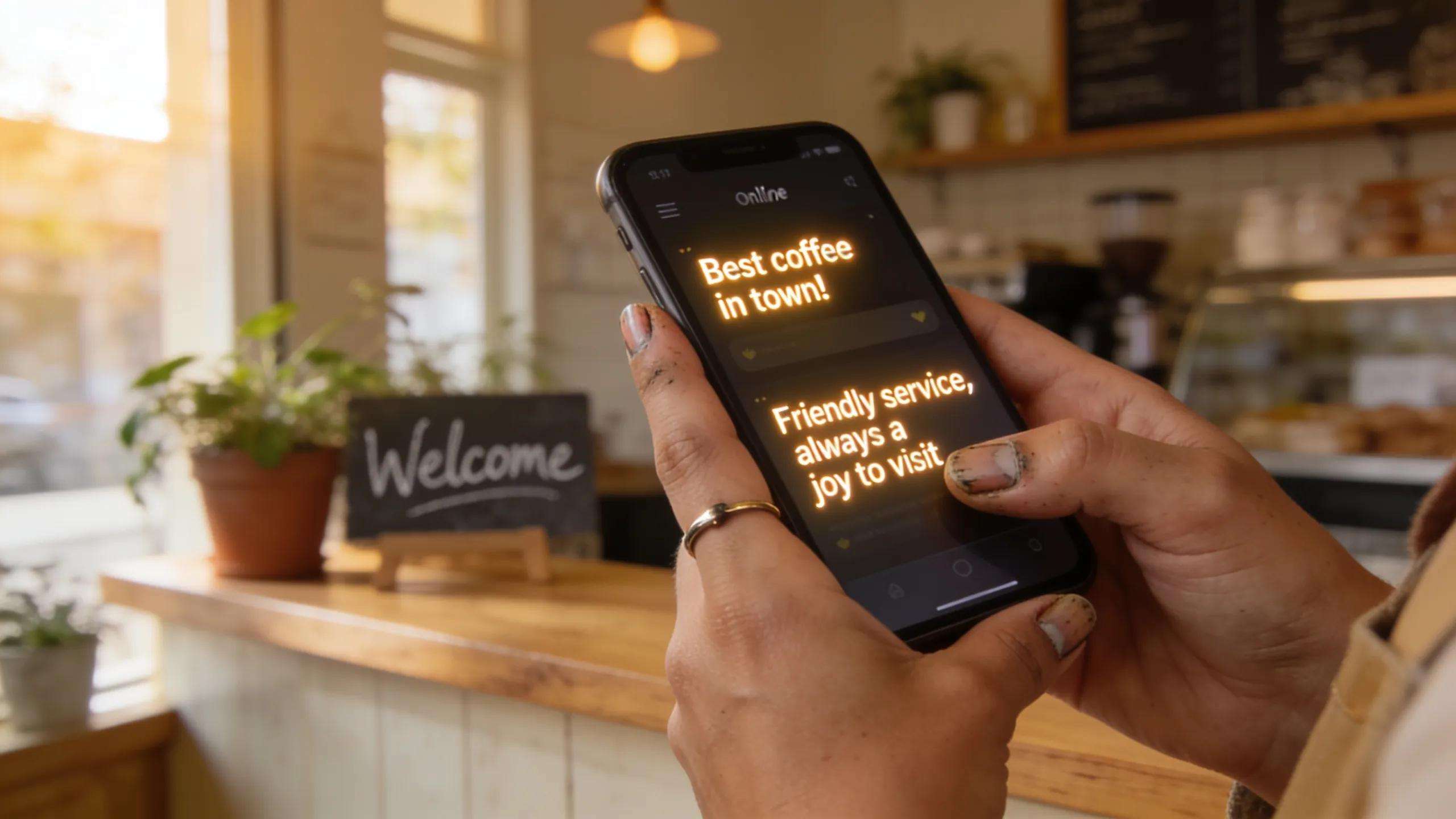 Business owner reviewing positive customer feedback on a smartphone in a vibrant shop setting