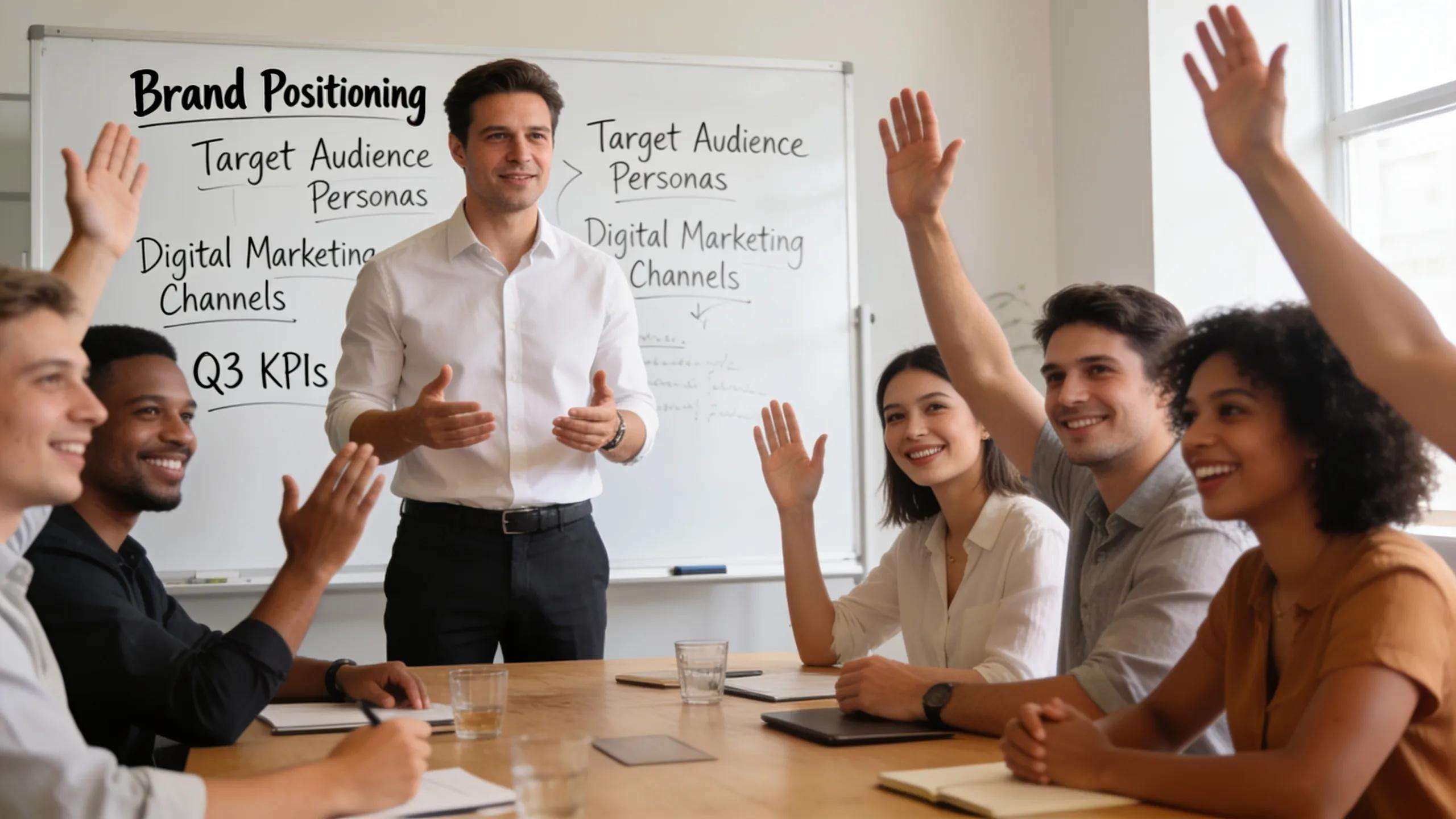 Fractional CMO leading a branding strategy session with a team in a bright meeting room