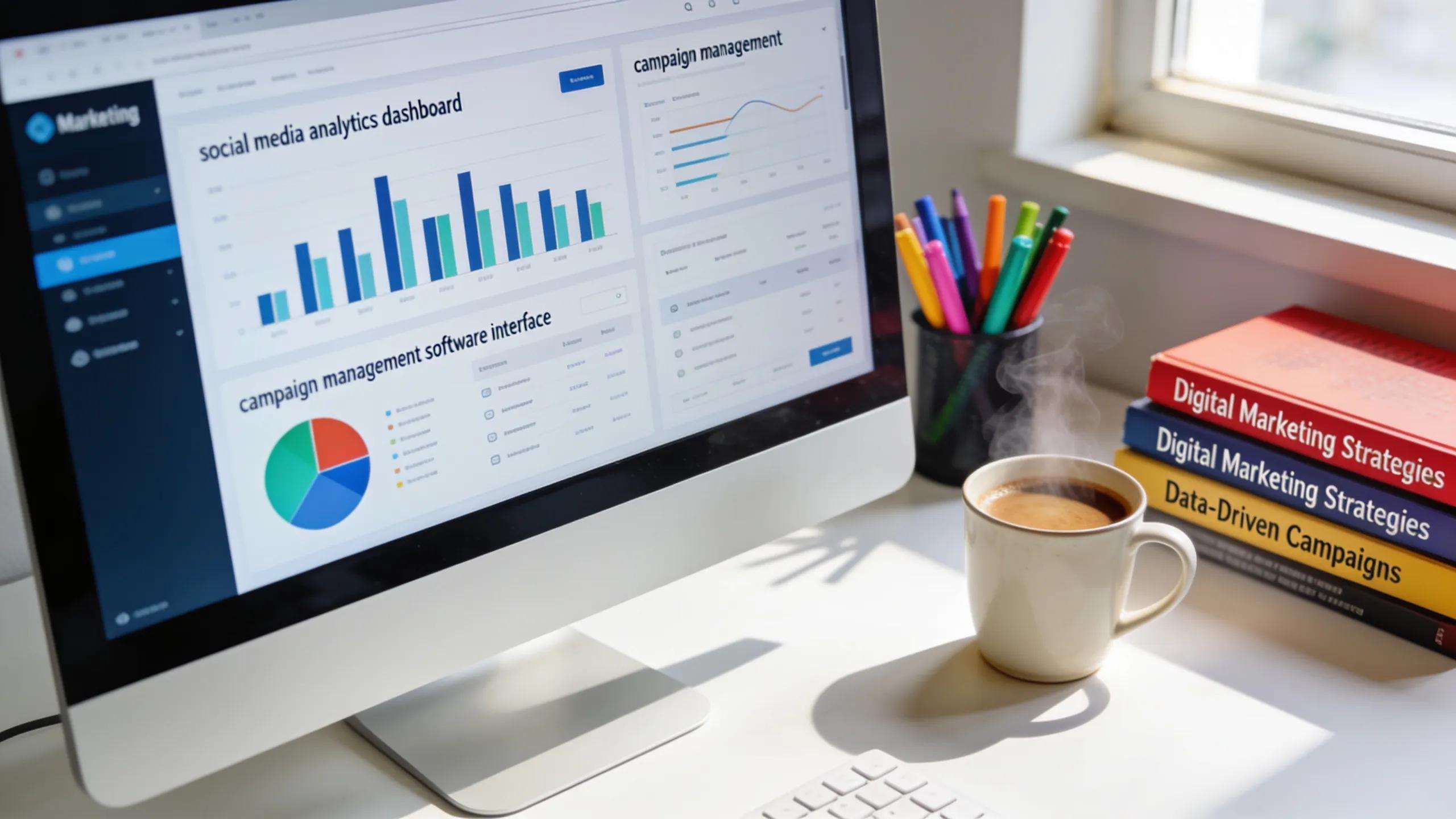 Digital marketing tools displayed on a computer screen, highlighting technology's role in fractional CMO services