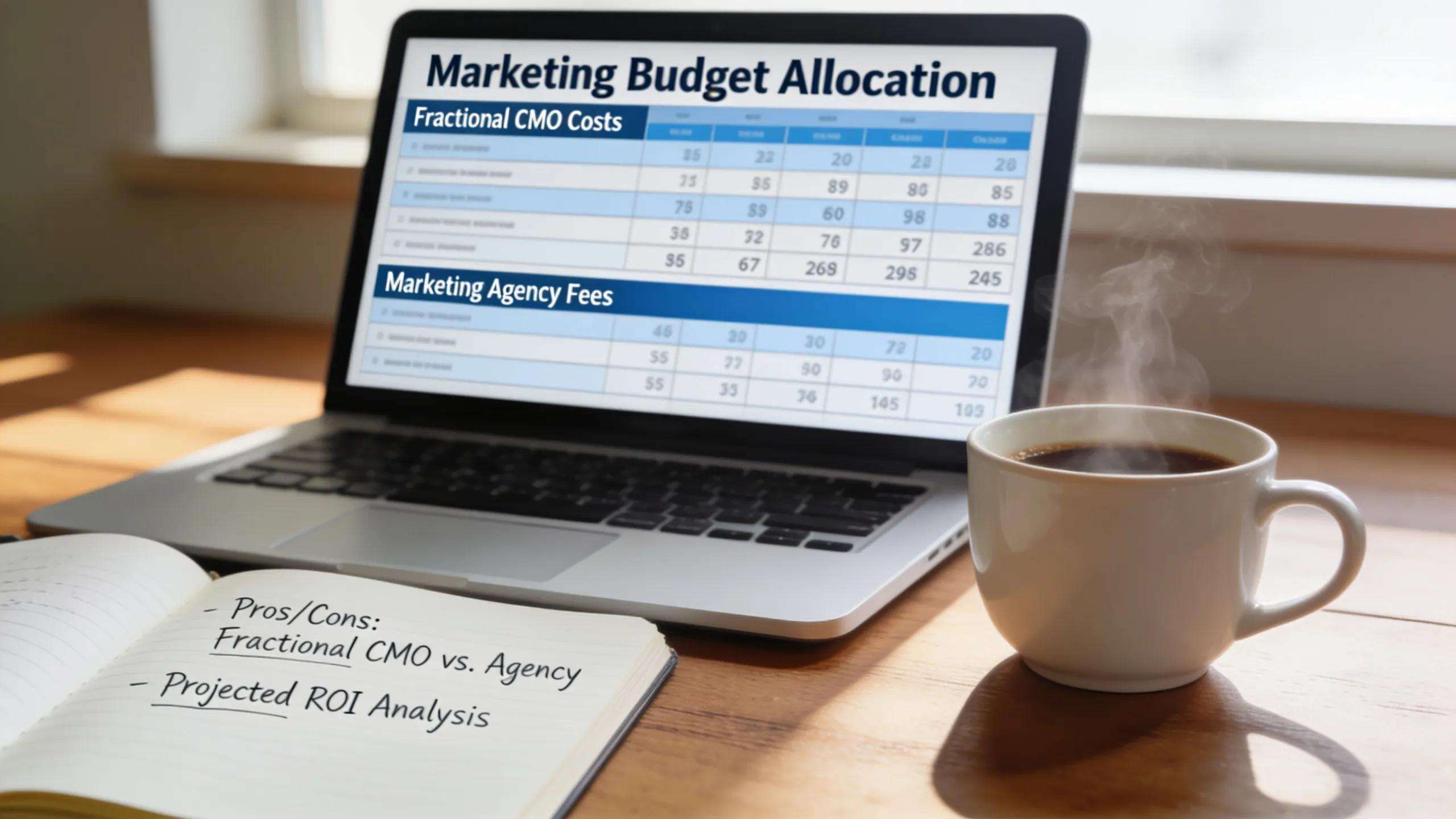 Laptop showing marketing budget planning activities for agency costs
