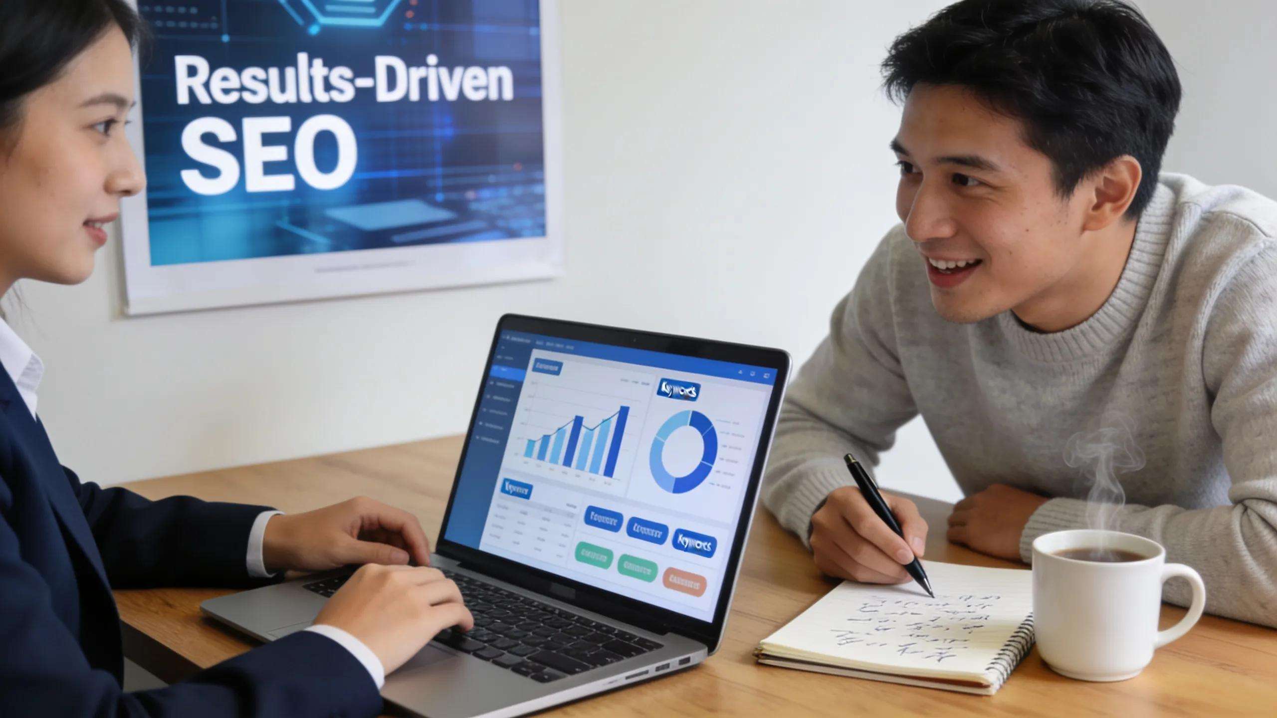 Marketing consultant and client discussing effective SEO strategies for B2B companies.