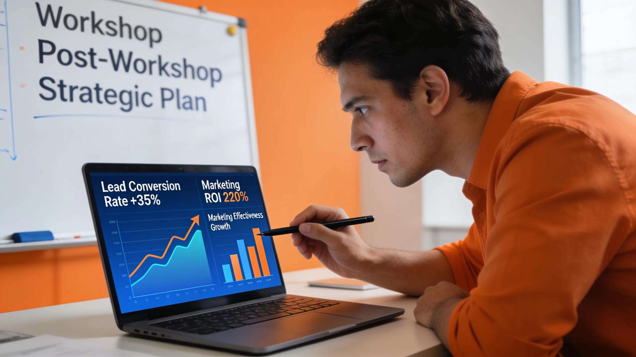Founder analyzing laptop data chart illustrating marketing ROI and lead conversion during a value proposition workshop.