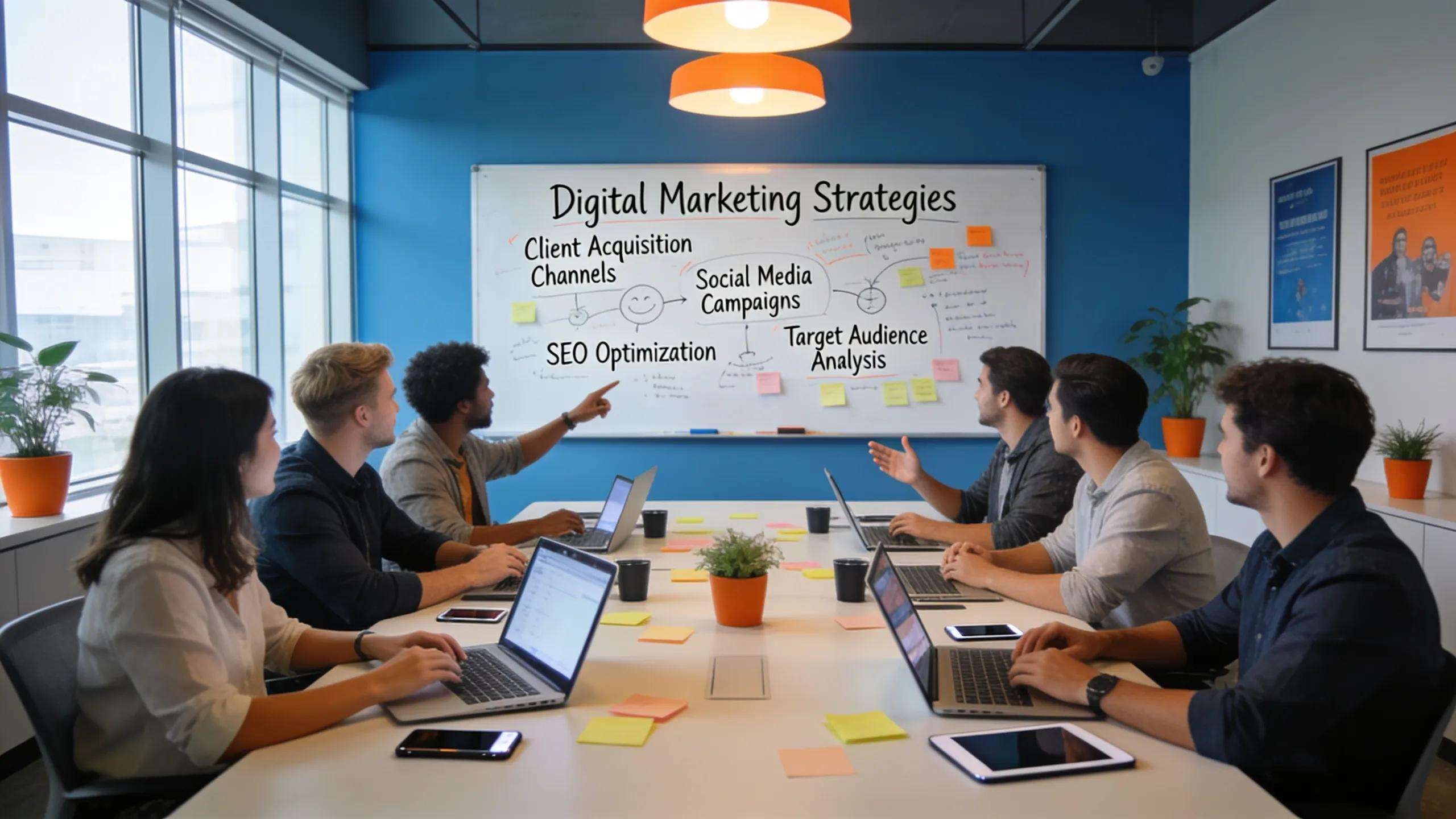 Team meeting in a modern office discussing digital marketing strategies for client acquisition.