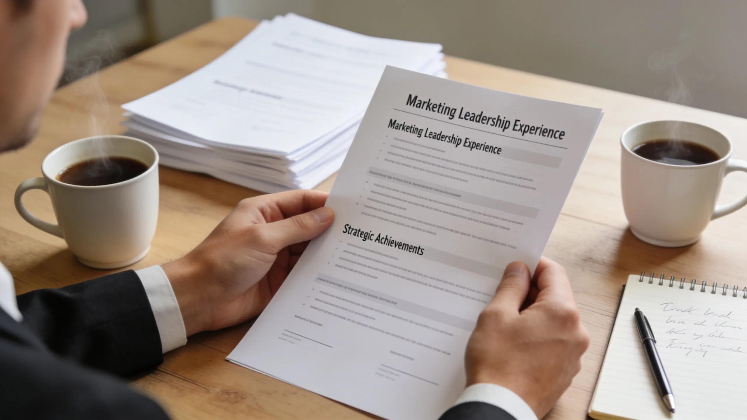 Professional reviewing resumes and conducting interviews to hire a fractional CMO in a well-lit office setting