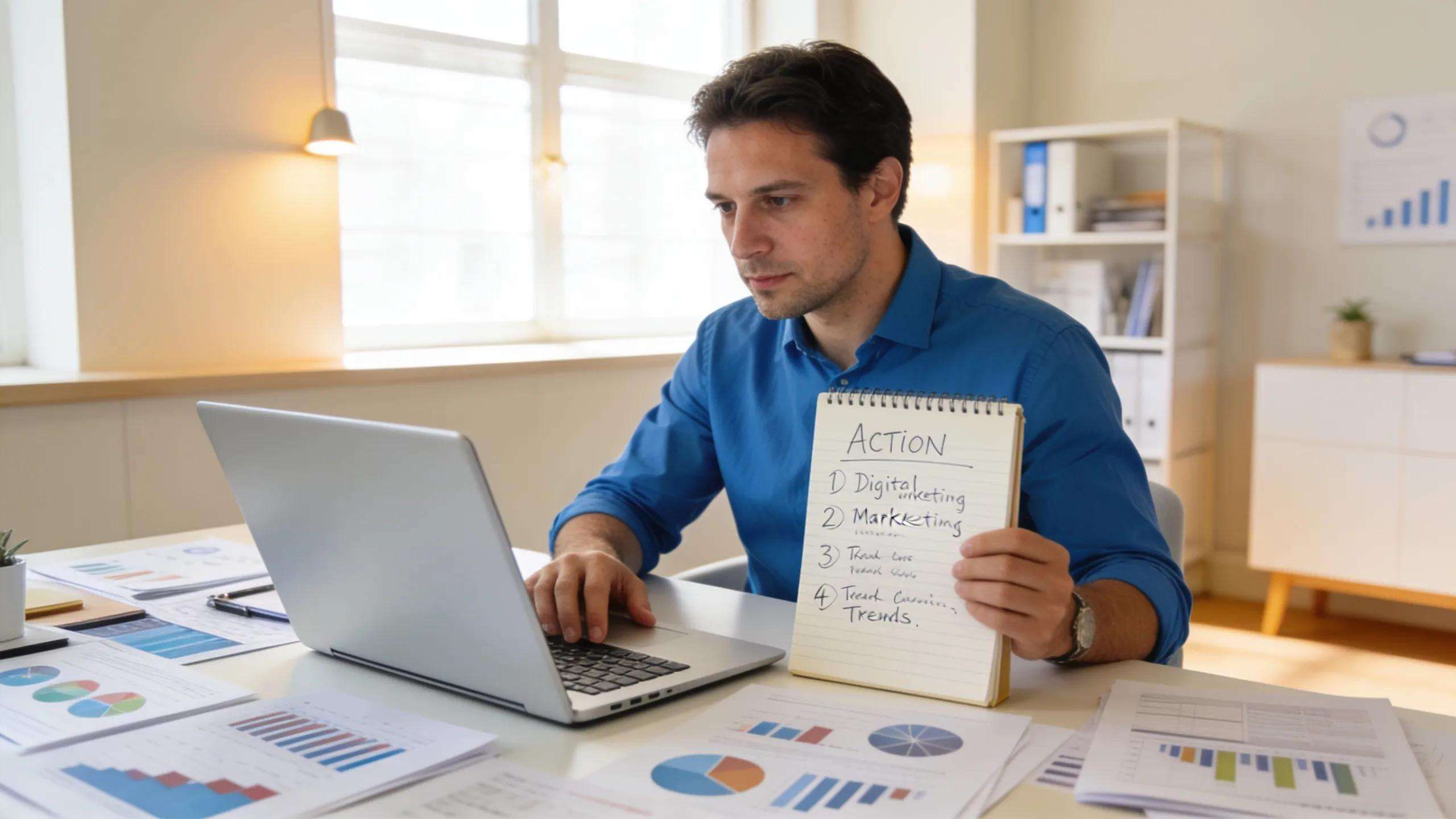 Man analyzing marketing strategies on laptop and notepad for B2B growth.