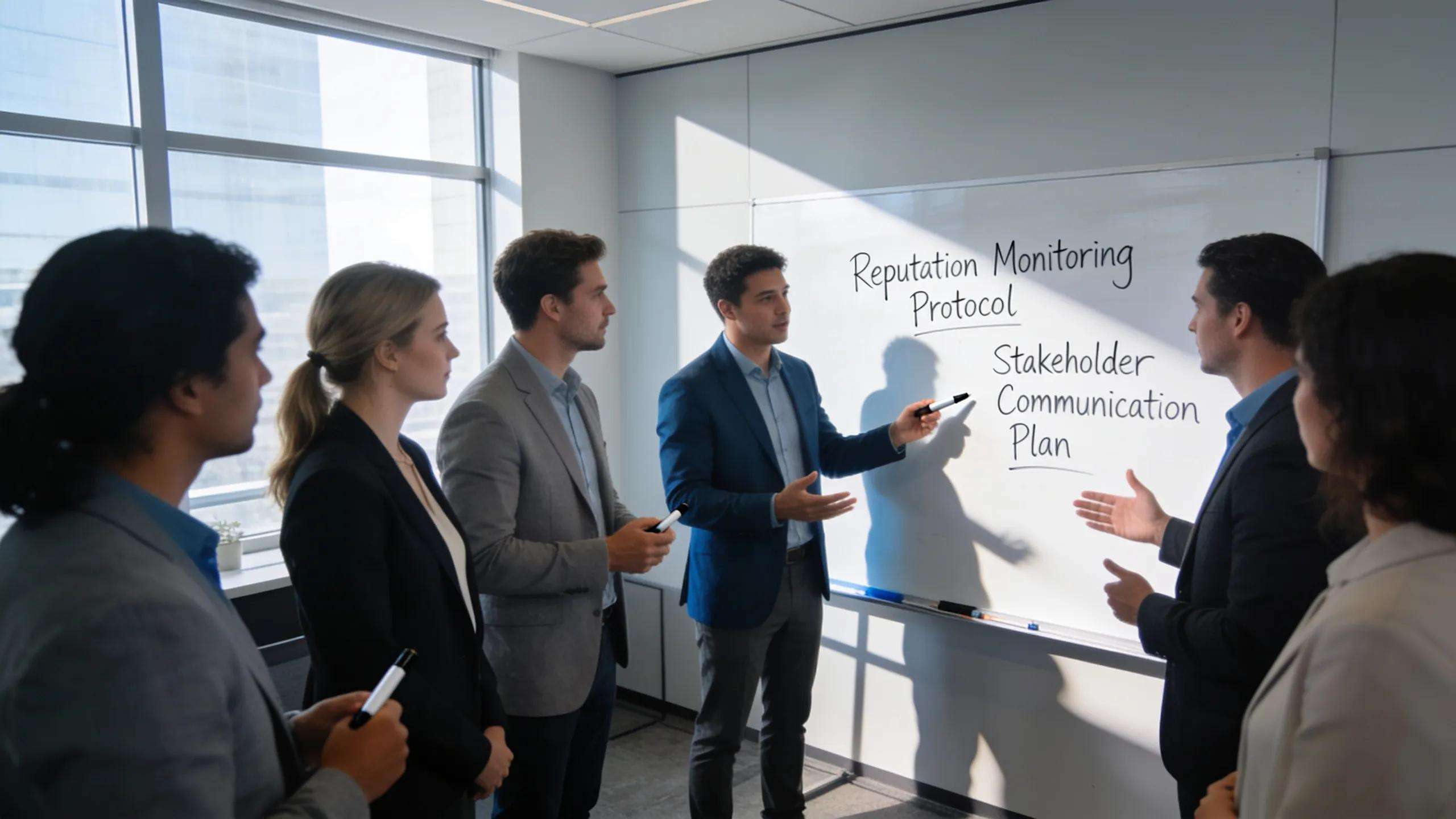 Professional team strategizing crisis communication techniques in a modern office, emphasizing proactive reputation management