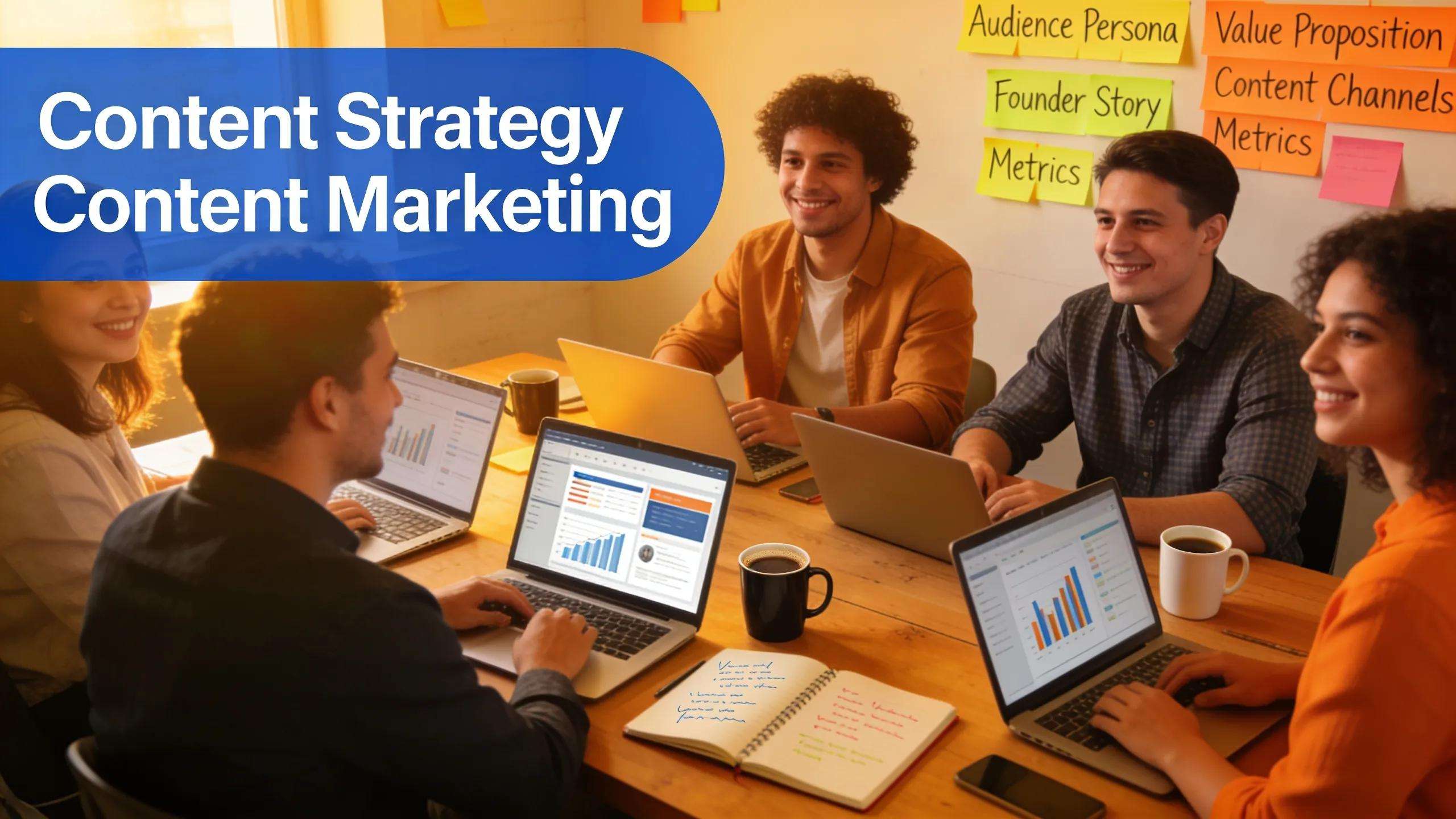 Founder-led B2B team collaborating on content strategy and marketing initiatives.