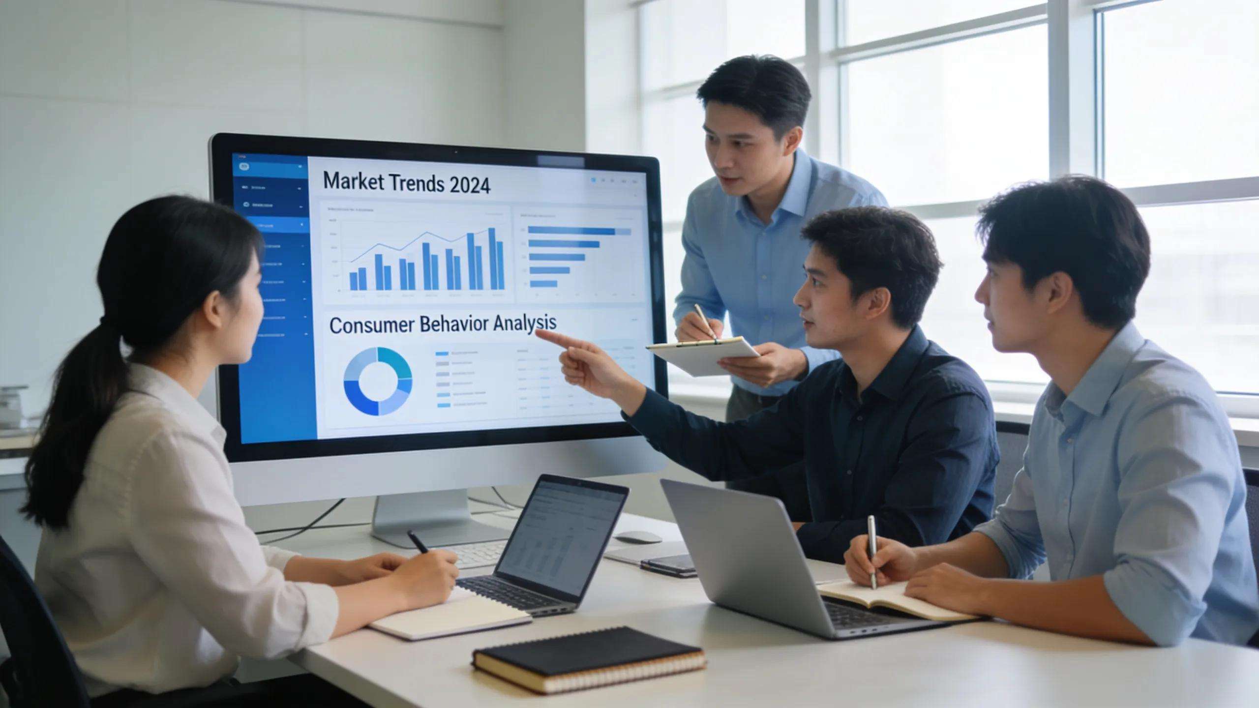 Team analyzing data for brand development in a modern office setting
