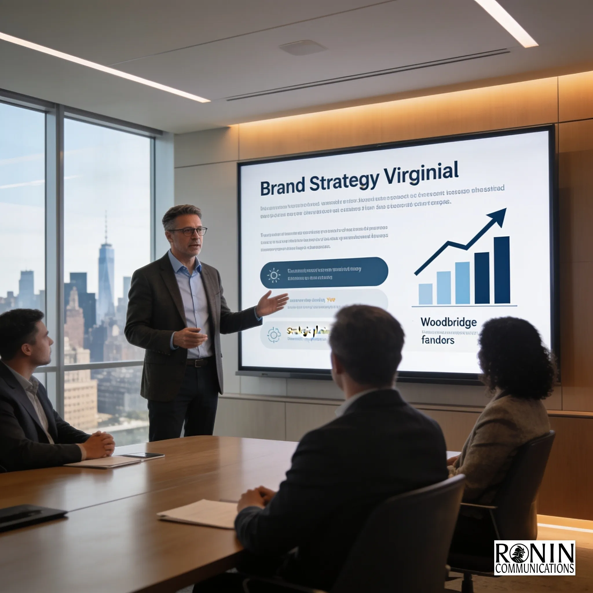 Fractional CMO presenting a brand development strategy to B2B founders in a Woodbridge Virginia office