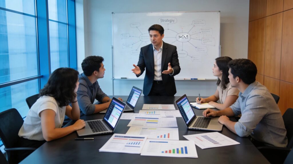 Fractional CMO guiding a marketing strategy session in a modern office