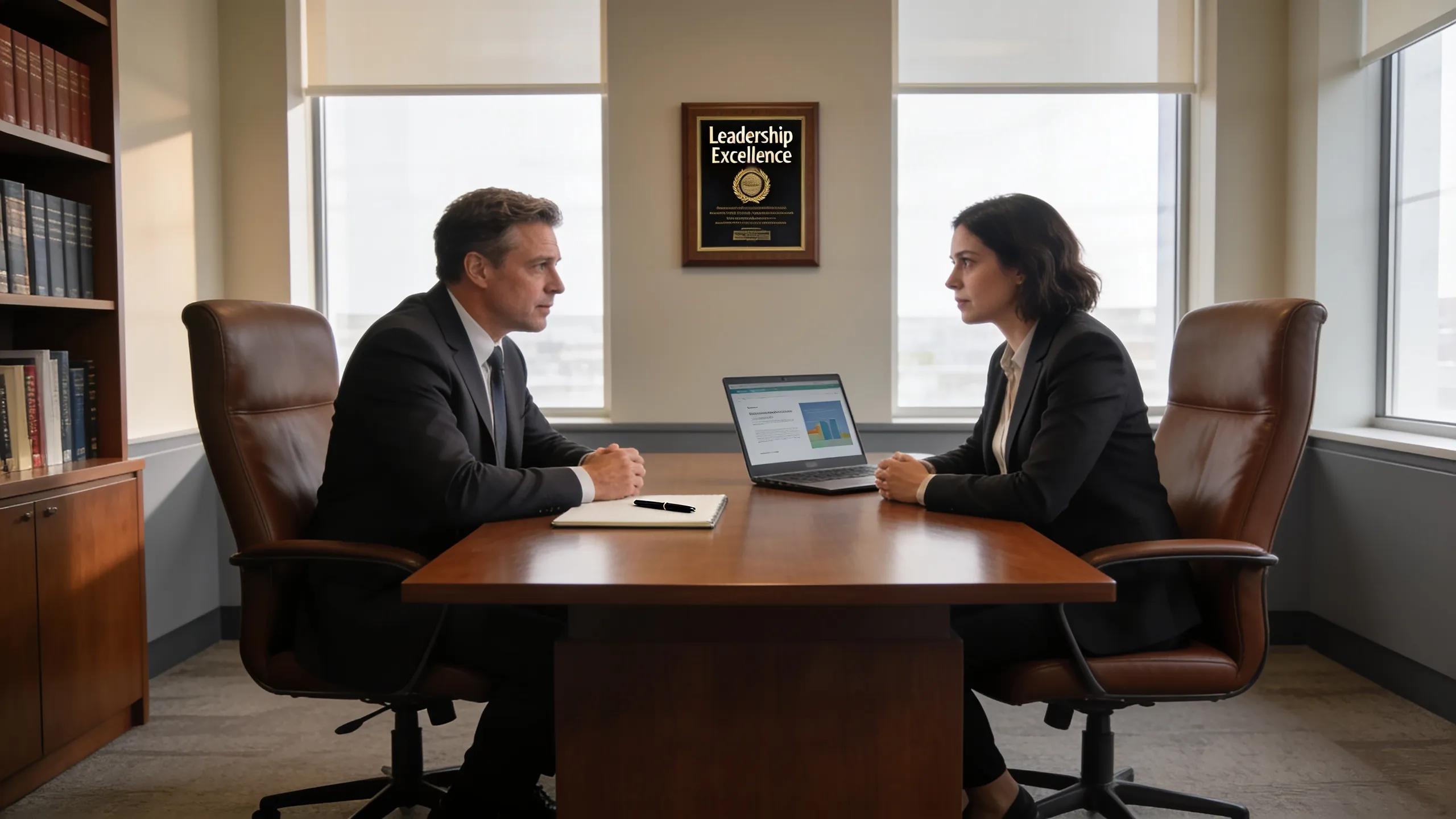 Business leader interviewing a fractional CMO candidate in a professional setting
