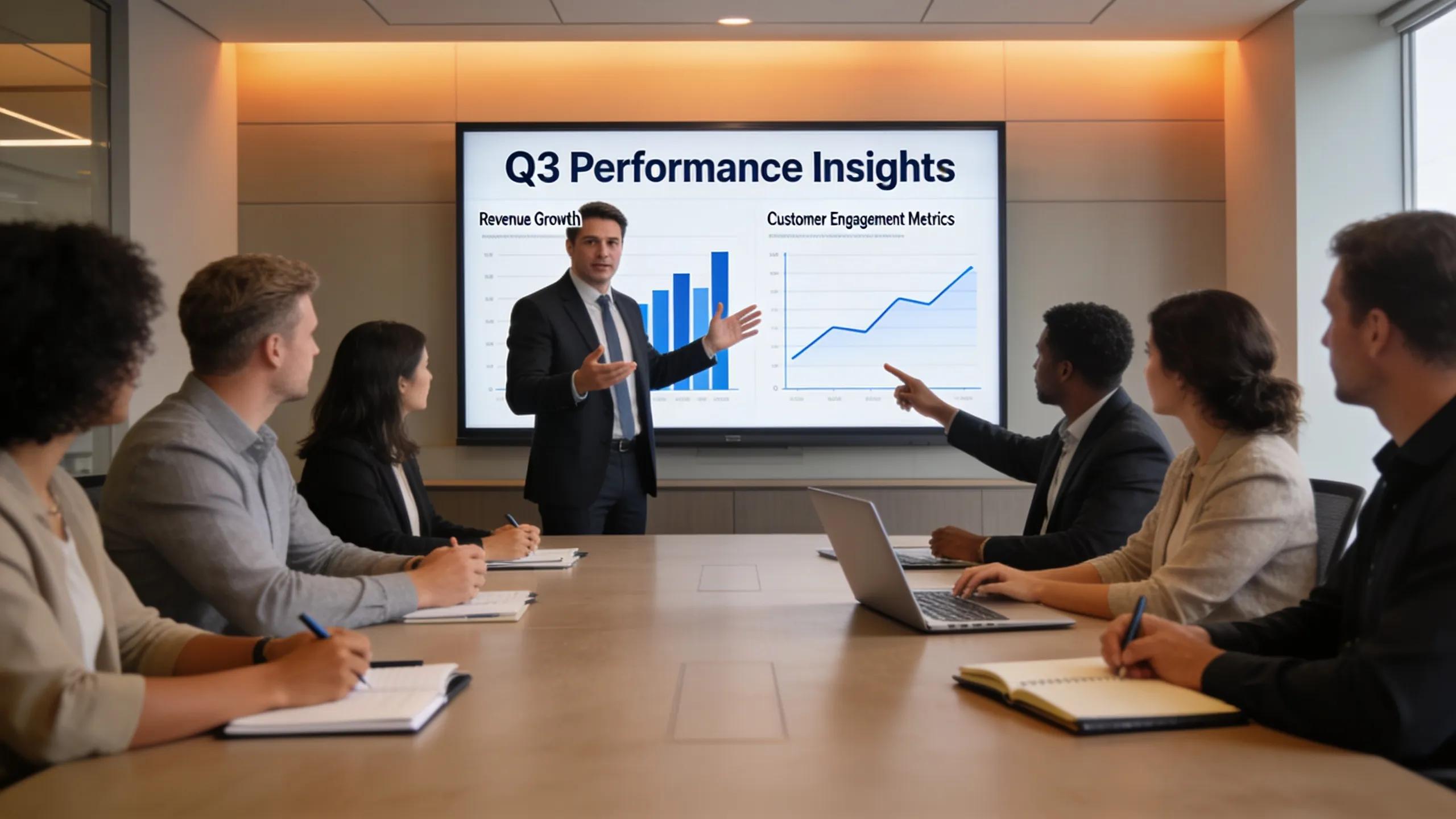 Fractional CMO presenting performance insights to engaged stakeholders in a meeting