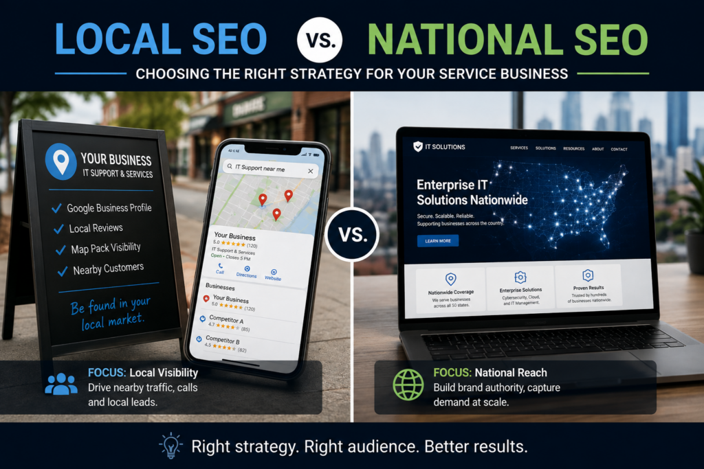 Local SEO versus national SEO strategies for B2B service businesses, Google Business Profile and national