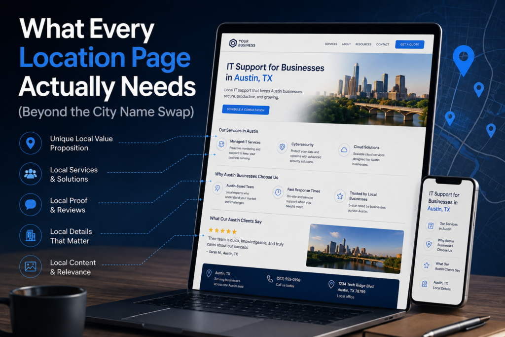 Mockup of a location page for B2B service businesses in Austin, Texas, showcasing local proof