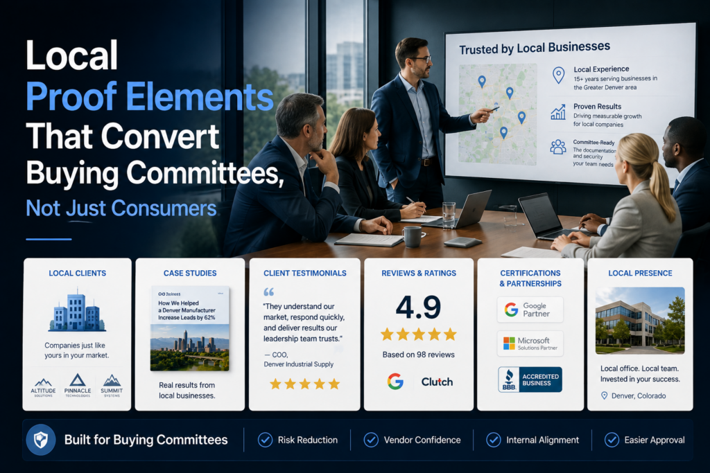B2B buying committee meeting discussing local proof elements and regional case studies for Denver area