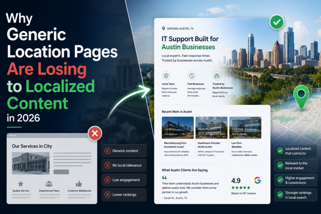 Localized content versus generic location pages for B2B SEO and Austin, Texas skyline.