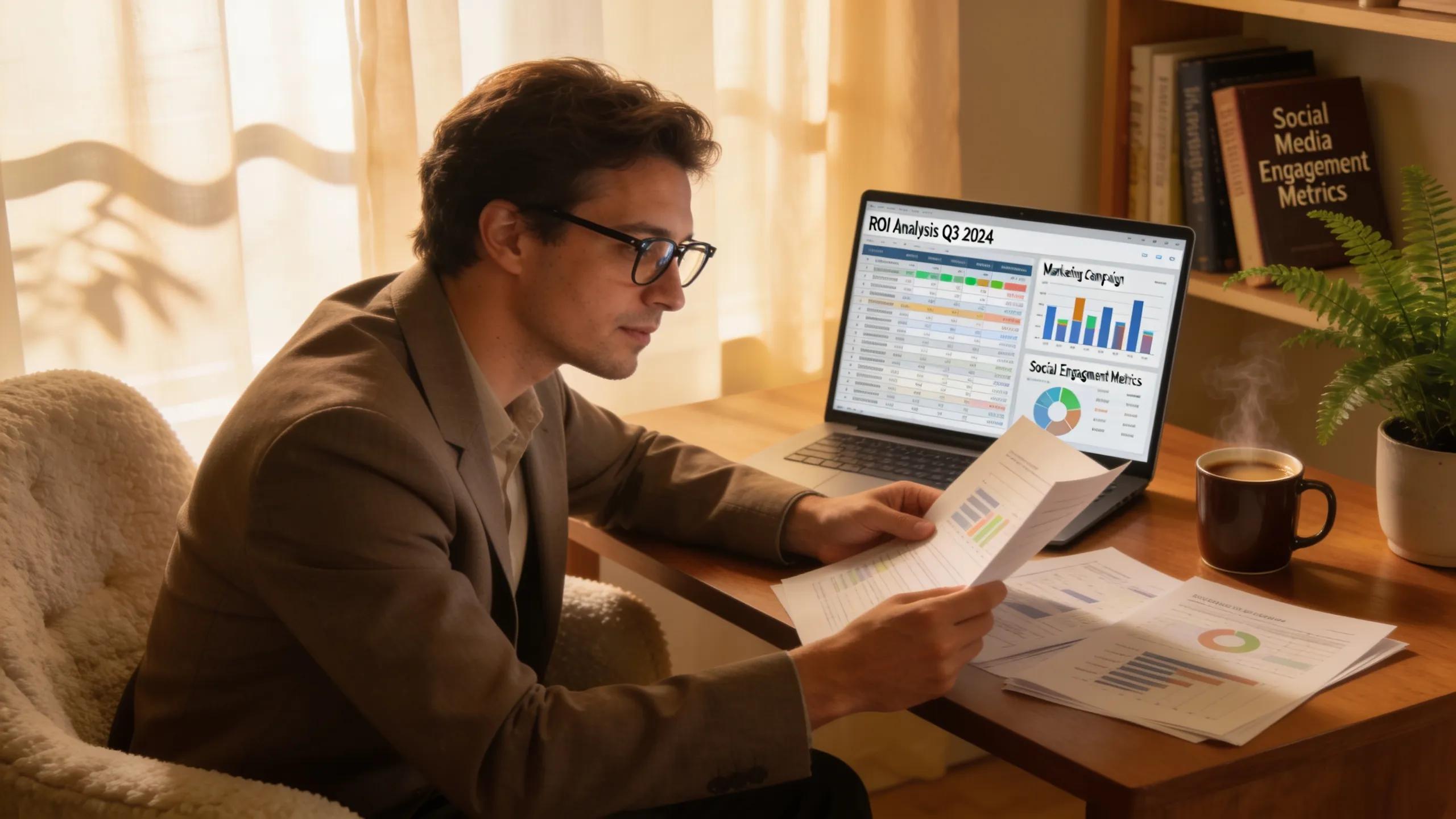 Fractional CMO assessing marketing performance reports in a cozy office setting