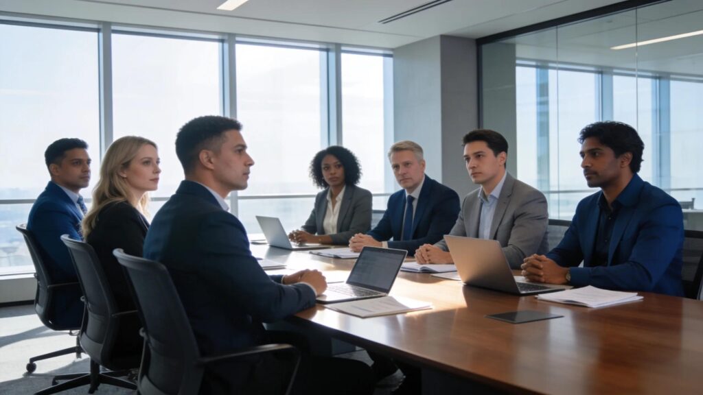 Business professionals in a meeting discussing strategies to maximize enterprise valuation for M&A