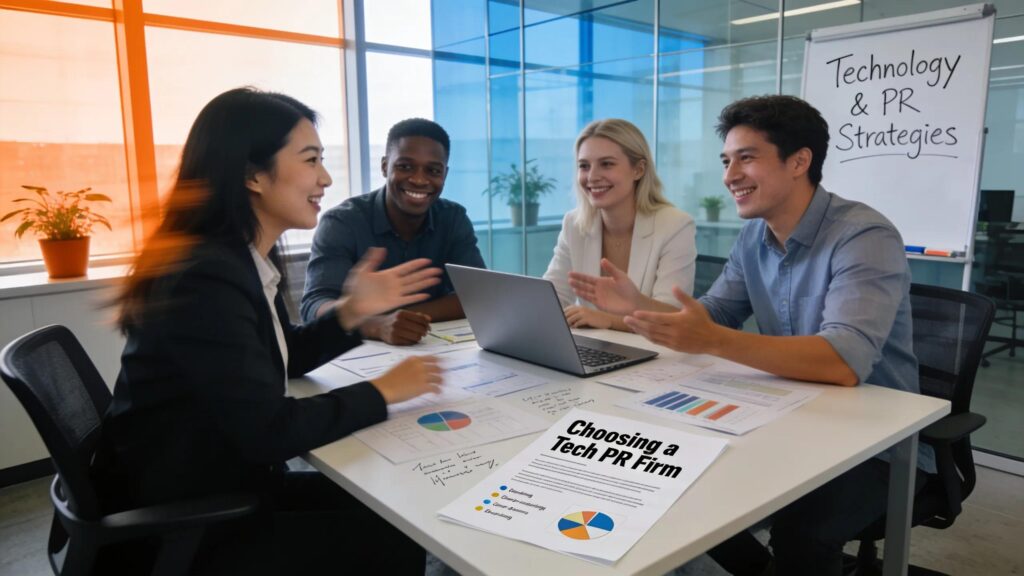 Professionals collaborating in a modern office on technology PR strategies