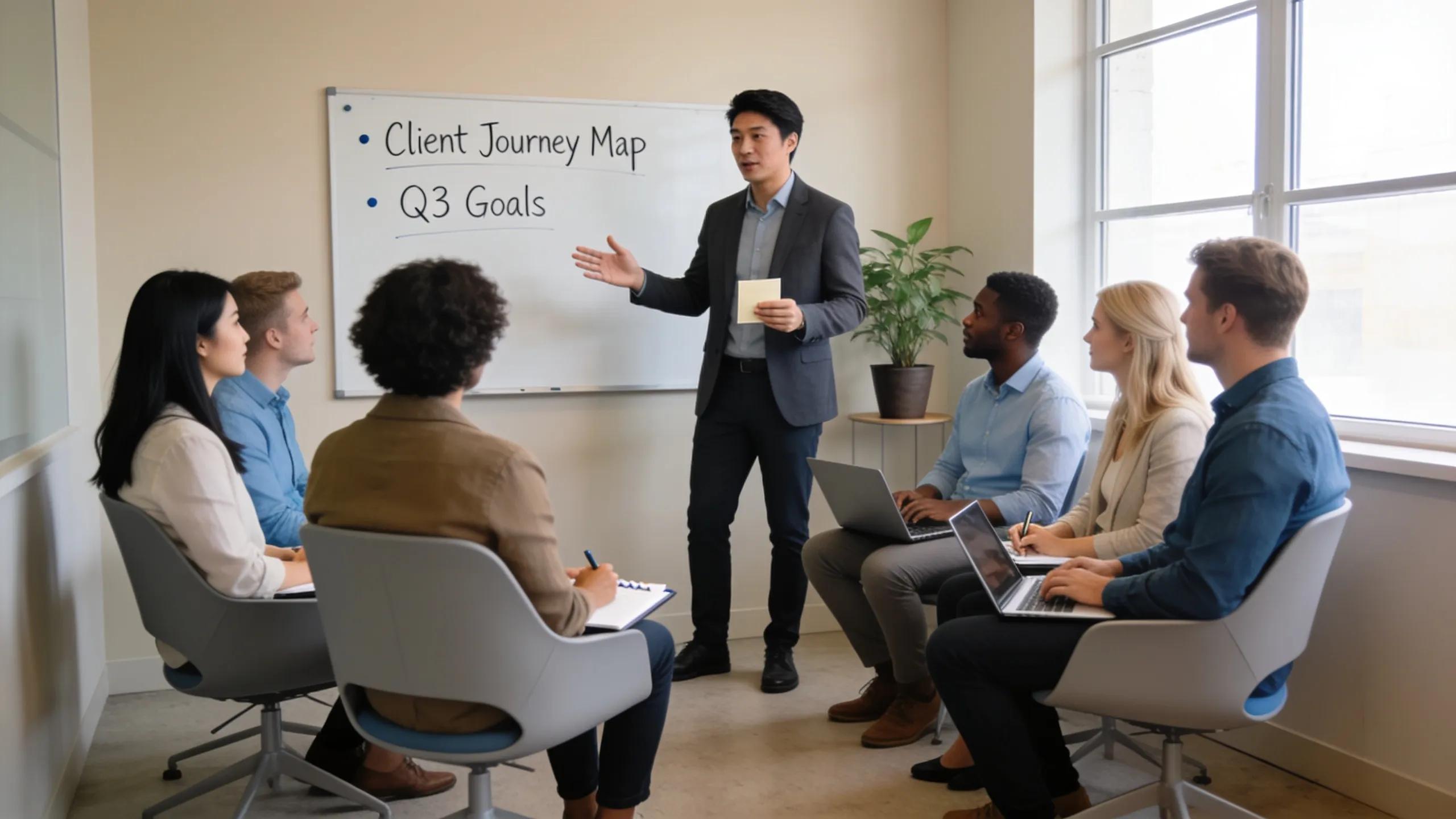 Professional presenting communication techniques to colleagues, focusing on effective message delivery and engagement