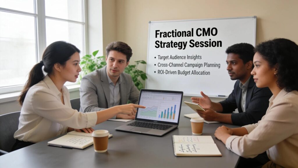 Group of diverse business professionals collaborating in a modern workspace focused on marketing strategies.