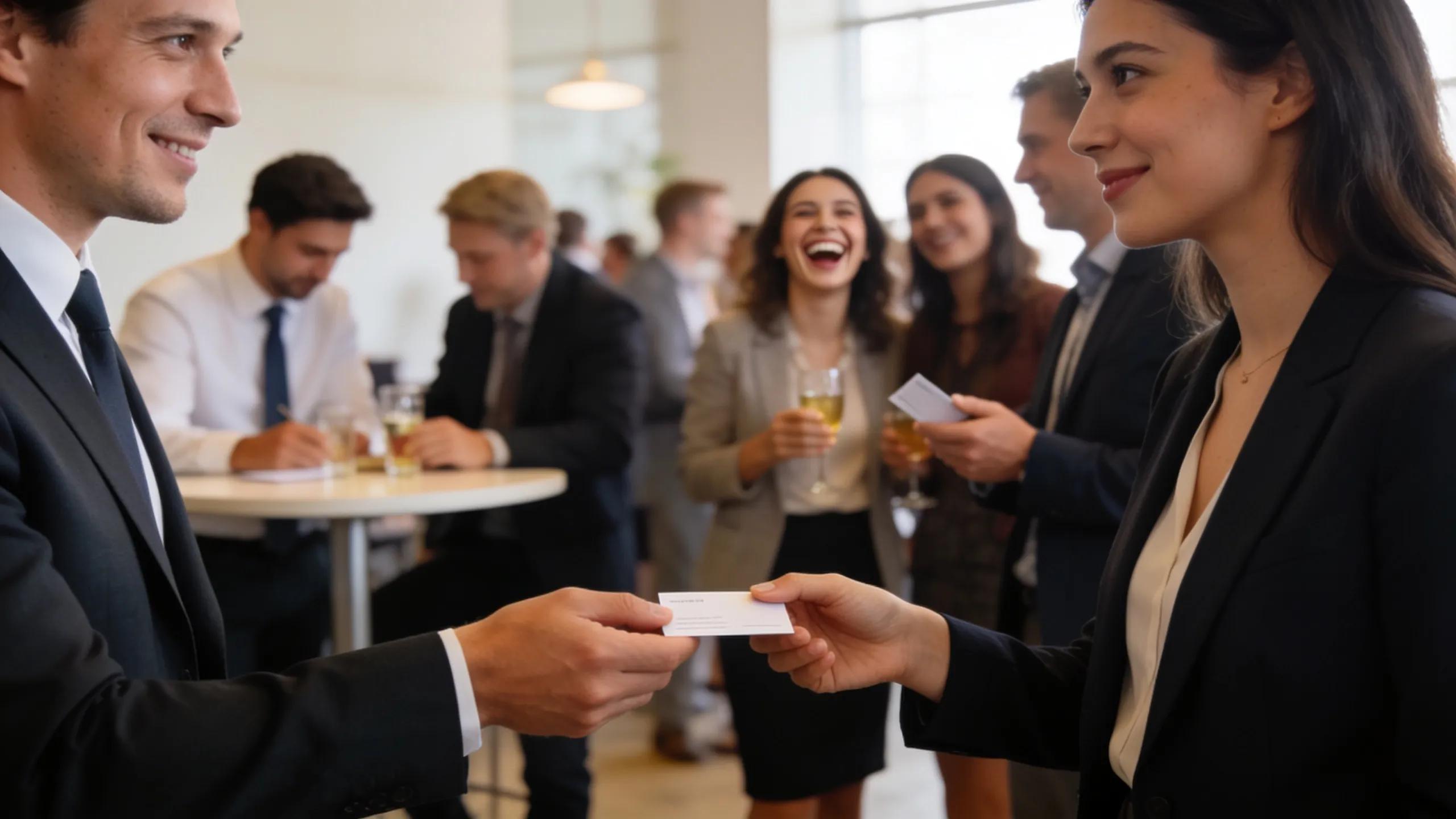 Networking entrepreneurs exchanging business cards, highlighting strategies for developing long-term partnerships