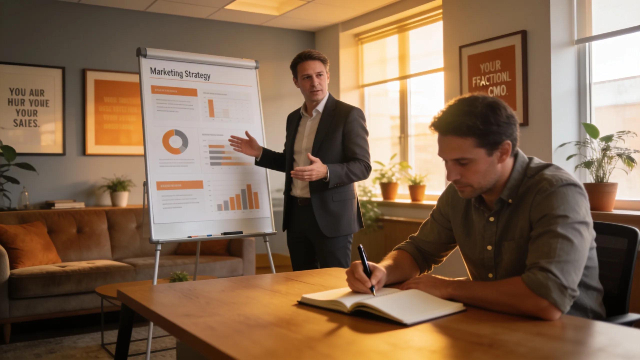 Fractional CMO presenting marketing strategies to a business owner in a professional office