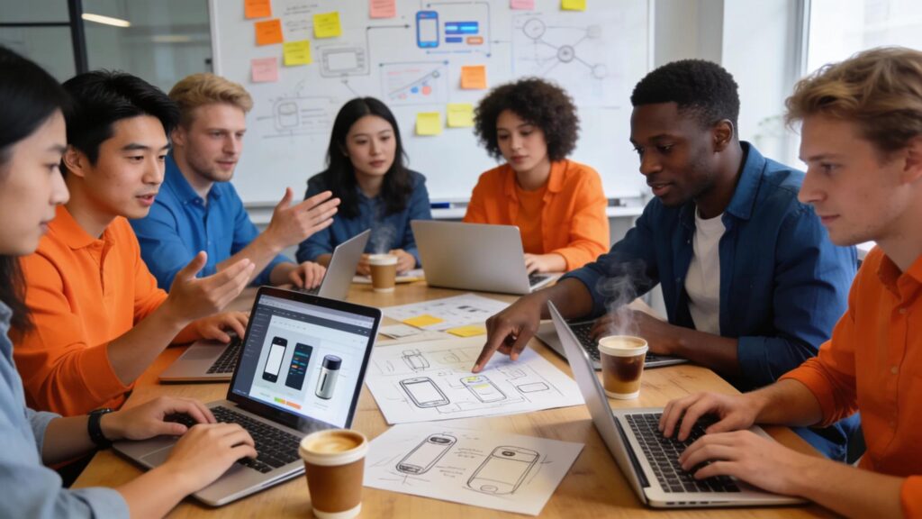 Startup founders collaborating on tech branding strategy around a table with laptops and coffee