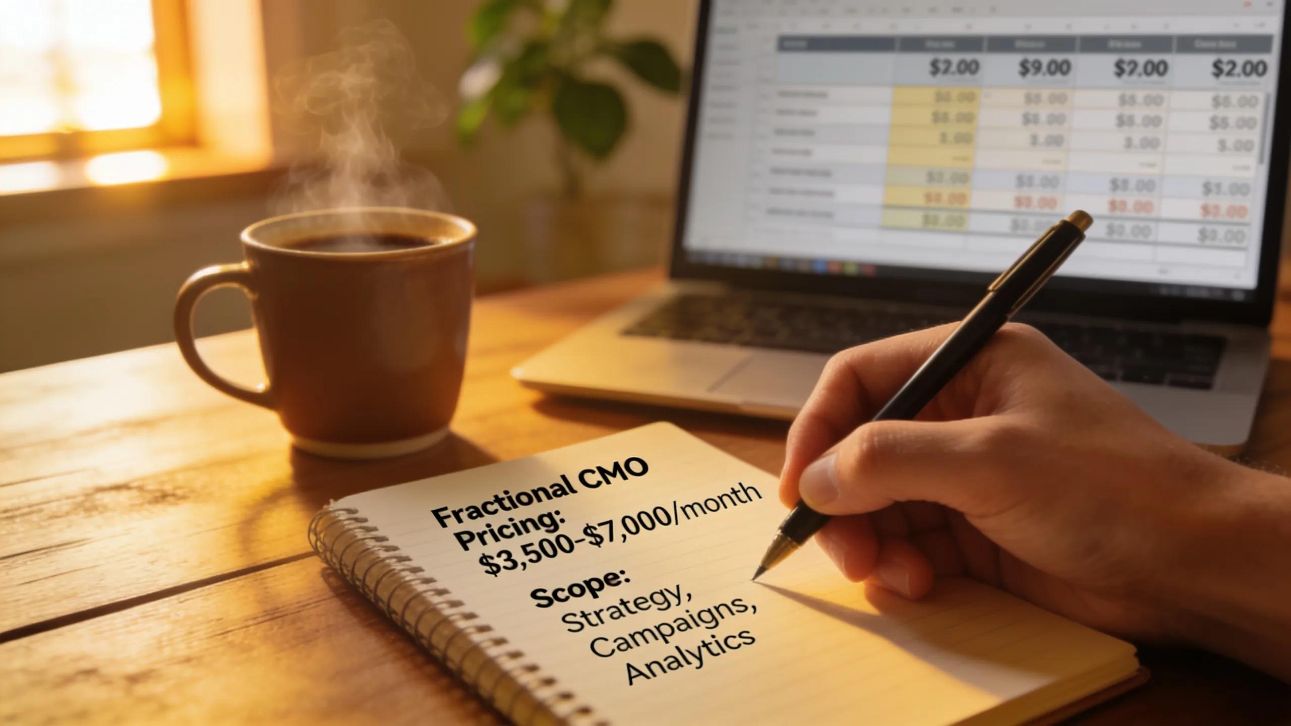 A businessperson documenting fractional CMO pricing details during a meeting