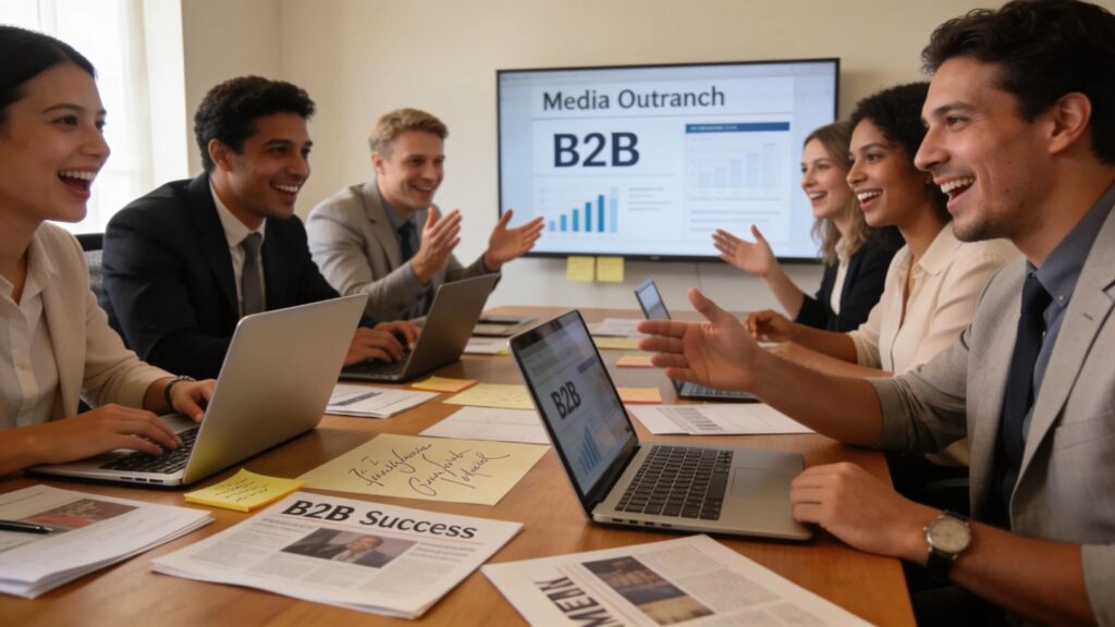 Business leaders strategizing media outreach in a collaborative setting