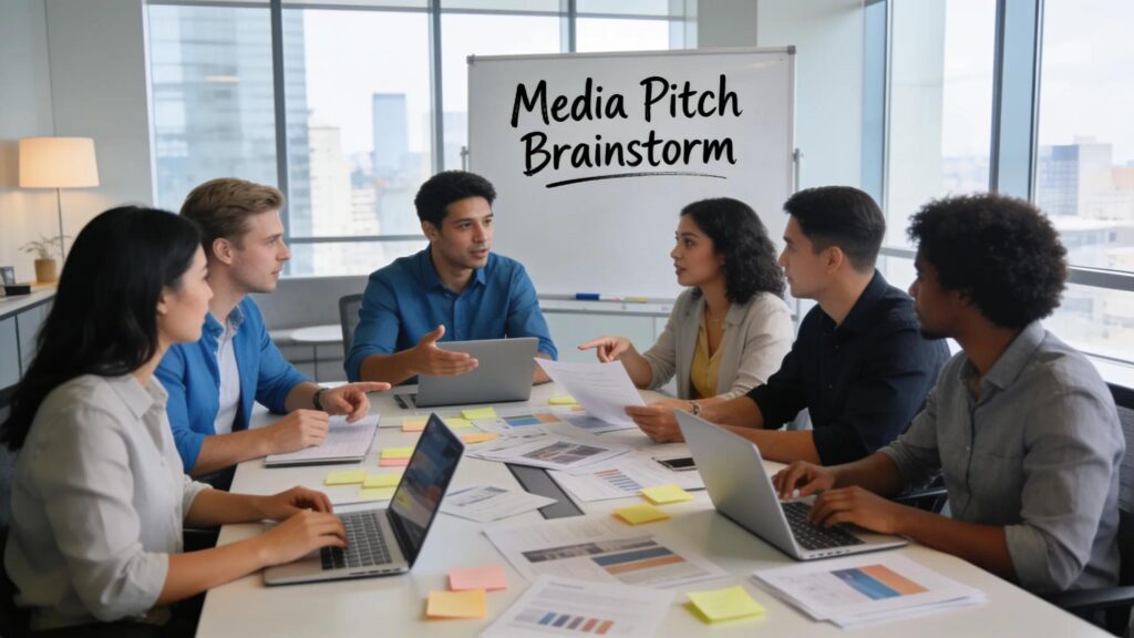 B2B marketing team brainstorming media pitches in a modern office