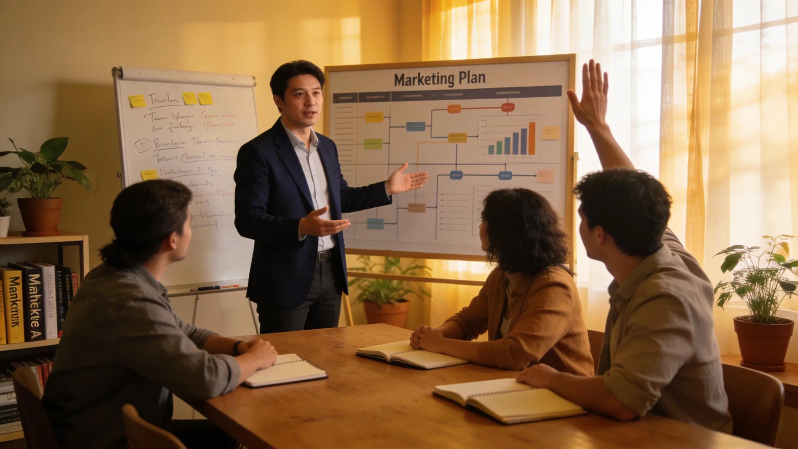 A marketing leader discussing strategies with their team in a collaborative meeting room.