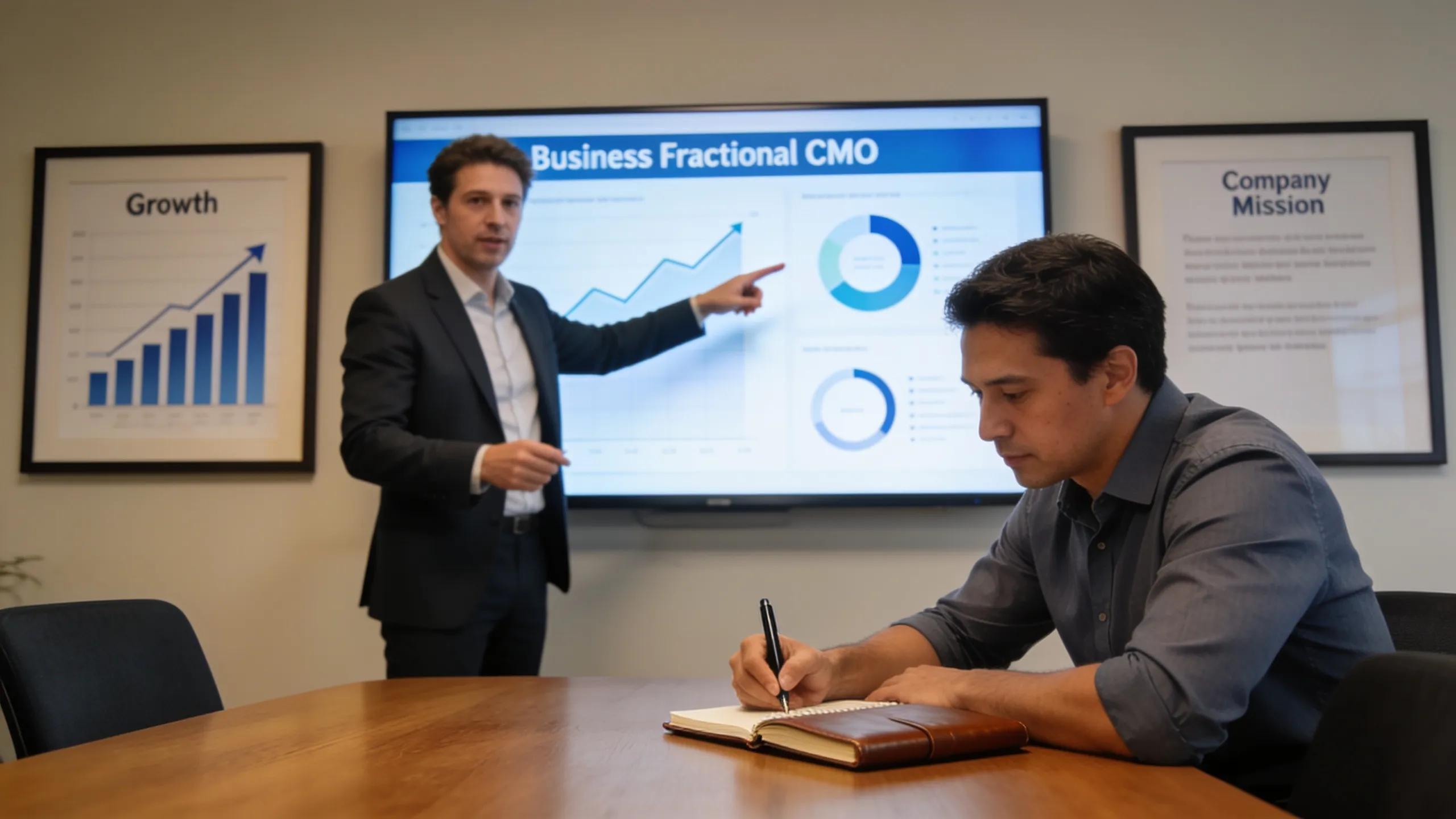 Fractional CMO advising a B2B business owner in a conference room