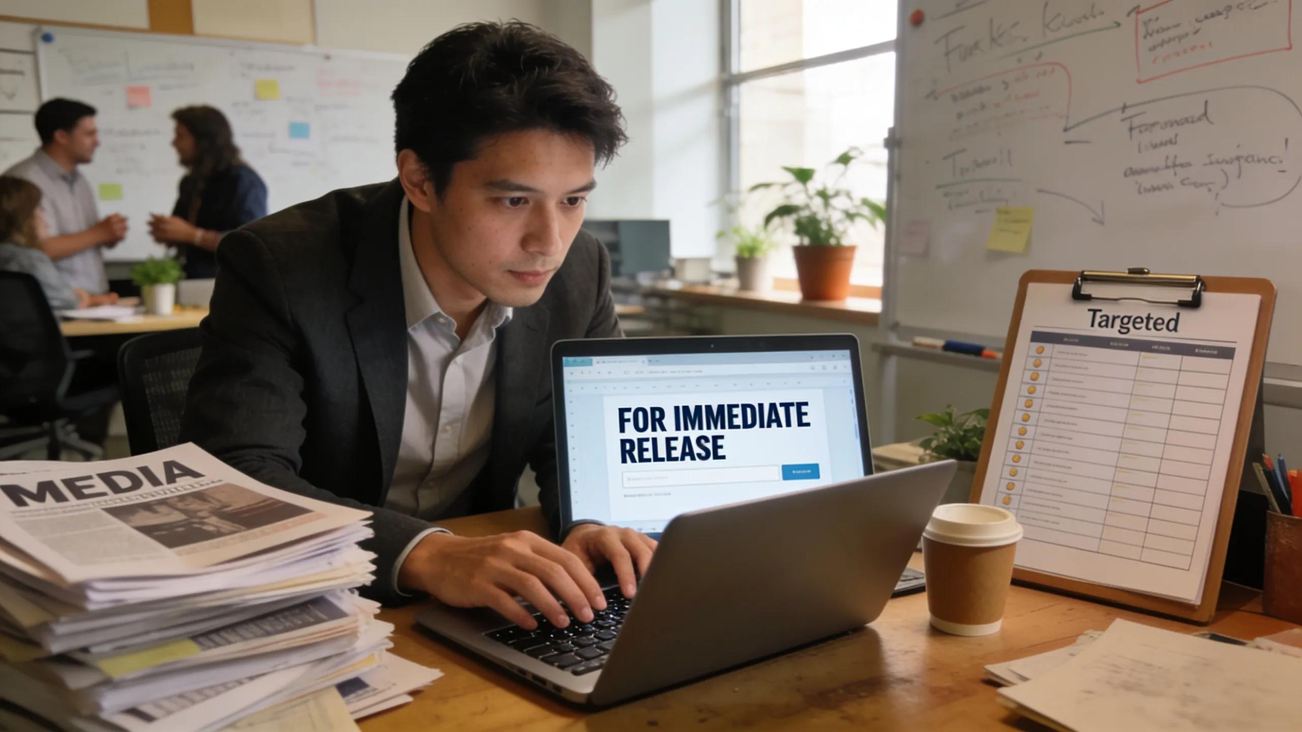 Marketer engaged in sending media outreach materials in a dynamic office