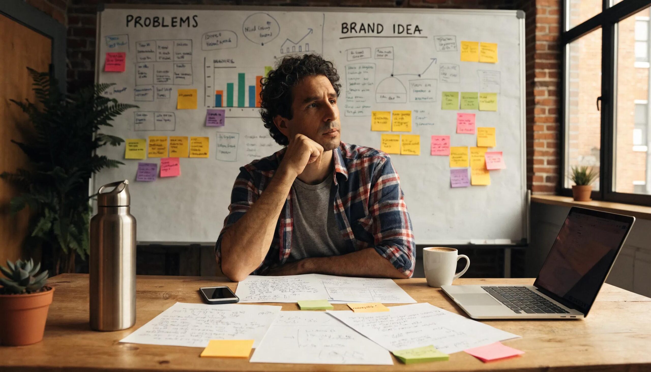Startup founder contemplating marketing strategies in front of a whiteboard during a brainstorming session