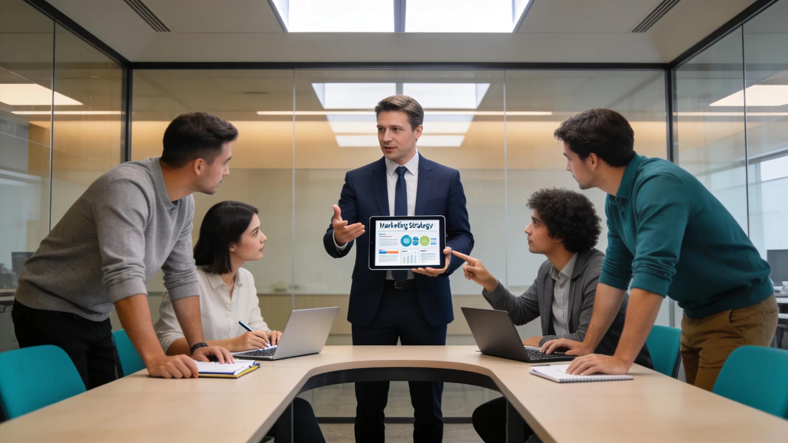 Fractional CMO guiding a tech startup team through brand development strategies in a modern office