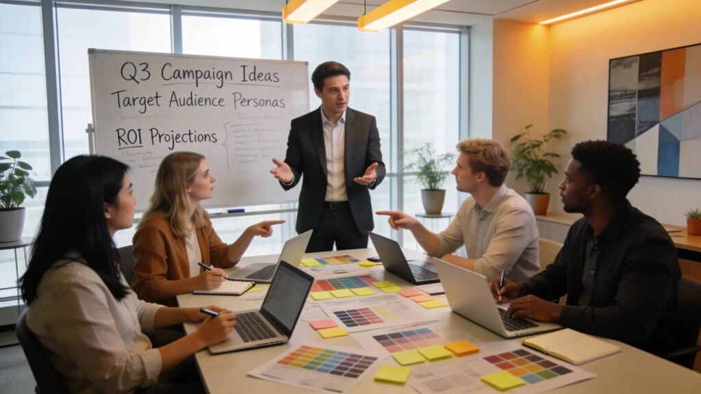 Collaborative brainstorming session with a fractional CMO and a diverse team discussing marketing strategies