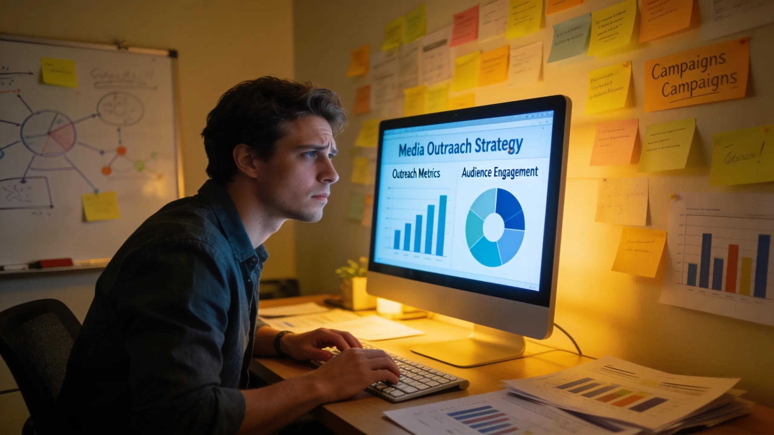 Digital marketing specialist analyzing media outreach strategies on a computer