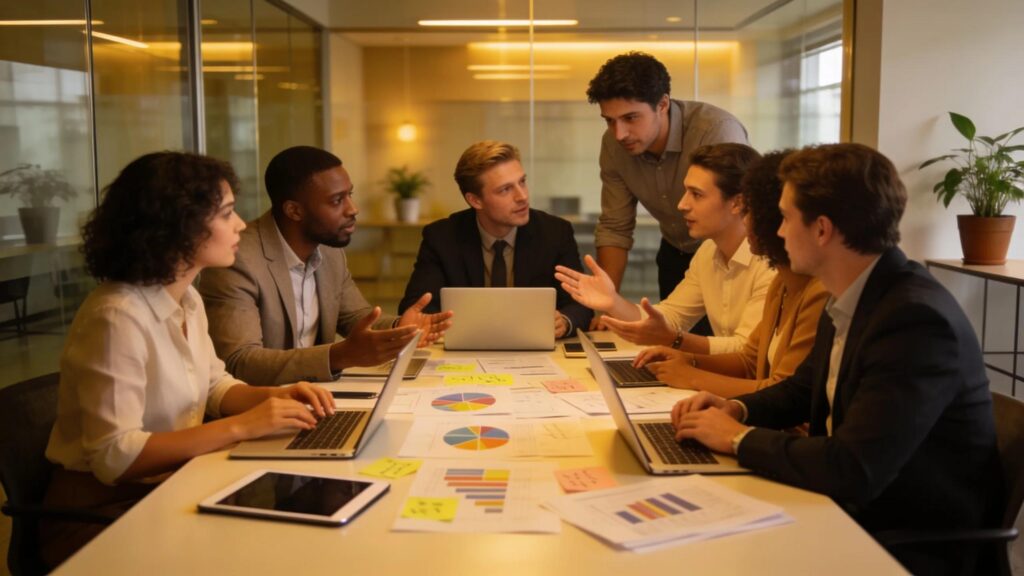 Team collaboration in a modern office setting discussing B2B tech PR strategies