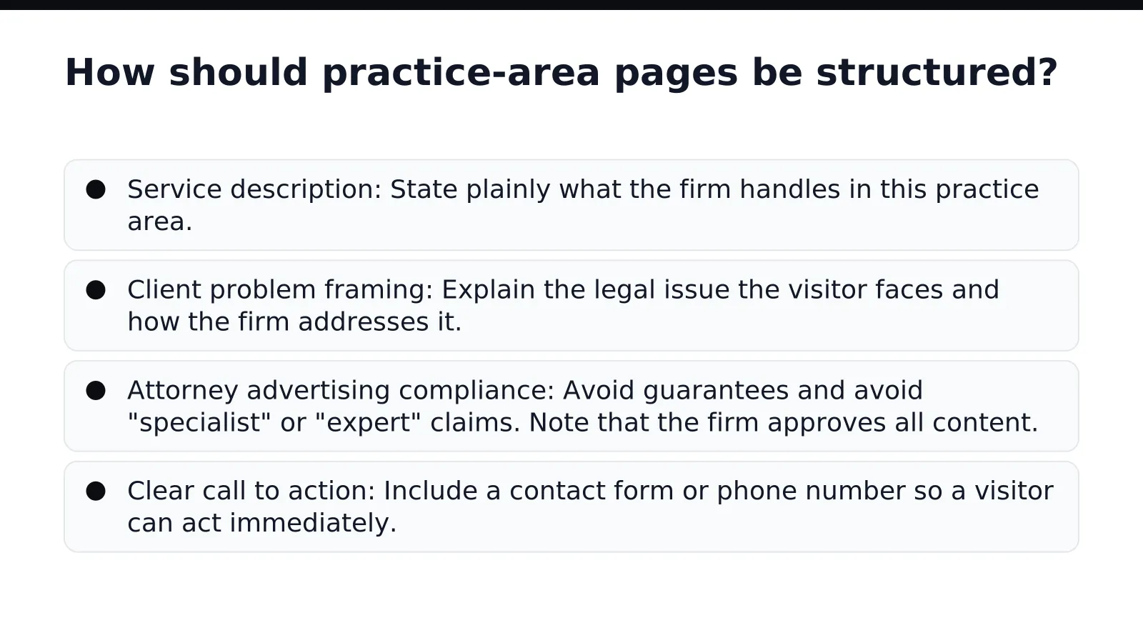 How should practice-area pages be structured